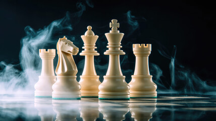 chess figures on a dark background. strategic fog. epic chess game battle. chess game concept.