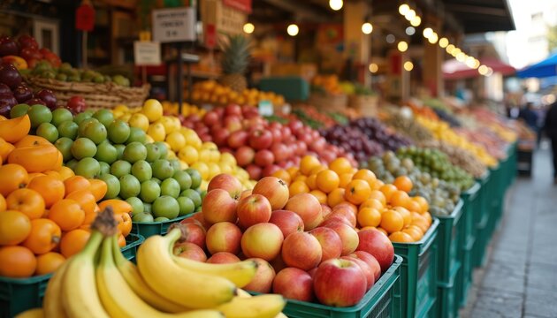 Carmel Market stall display fresh fruits oranges, apples, bananas, limes, grapes. Local organic produce at Shuk Hacarmel in Tel Aviv. Healthy food, variety, vibrant colors.