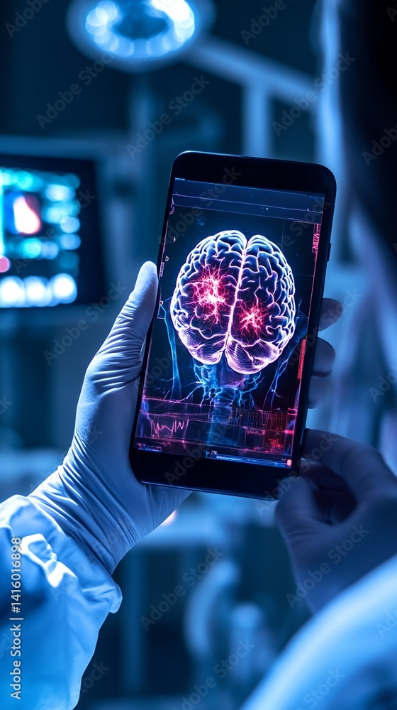 Poster smartphone displaying brain scan image in medical setting