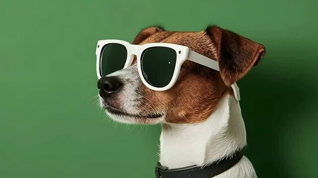 Cool Jack Russell Terrier dog wearing white sunglasses against a green background.