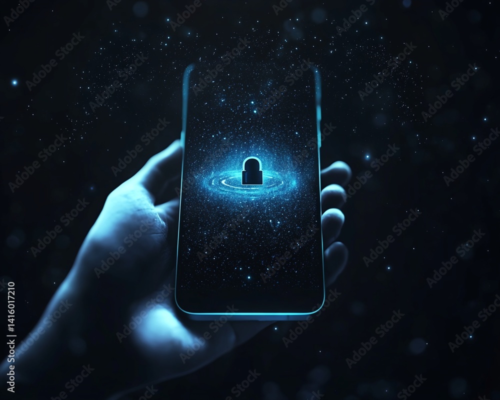 Poster smartphone displaying padlock icon within simulated galaxy