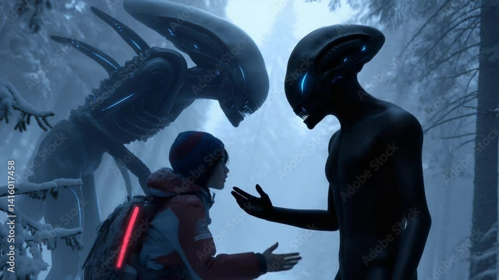 Poster first encounter between humans and glowing alien beings in the forest generative ai