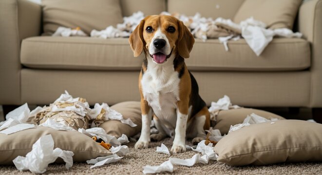 Mischievous Beagle Puppy in a Messy Living Room with Ripped Tissues and Pillows, Guilty Expression