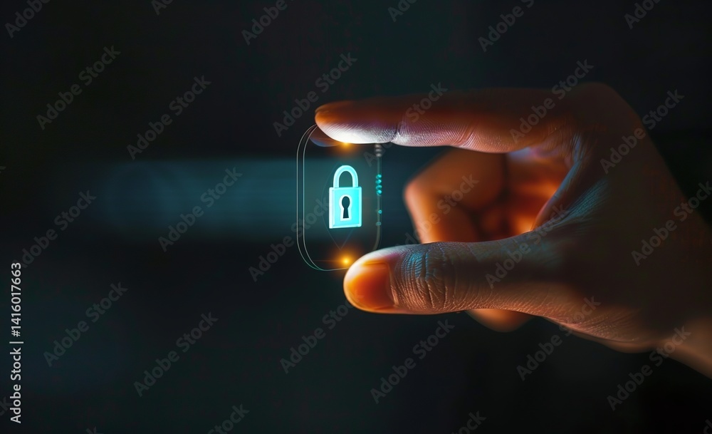 Poster a hand with the index finger pointing at an illuminated lock icon on a dark background, symbolizing
