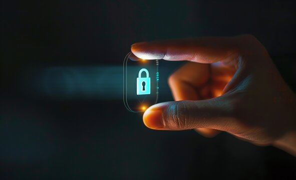 A hand with the index finger pointing at an illuminated lock icon on a dark background, symbolizing - Powered by Adobe