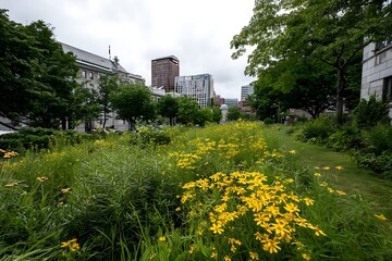 Obraz premium Green urban oasis with wildflowers showcases biodiversity in cities 