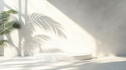 blank minimal white counter podium, soft beautiful dappled sunlight, tropical palm foliage leaf shadow on wall for luxury hygiene organic cosmetic, skincare, beauty treatment product background 3d