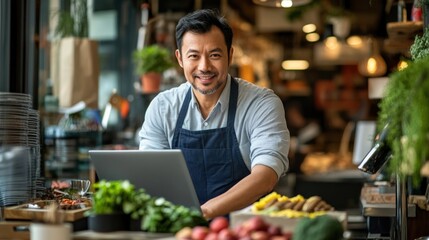 A focused shot of a thought leader leaning over a laptop brainstorming innovative governance models surrounded by an array of digital devices showing graphs and collaboration tools