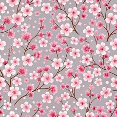 Delicate cherry blossom pattern on a muted gray background