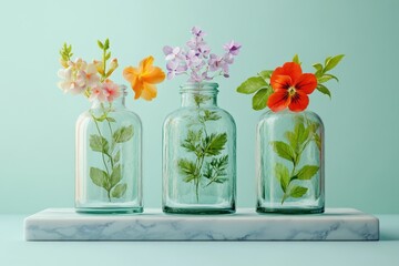 Three glass vases with spring flowers displayed on a marble ledge.