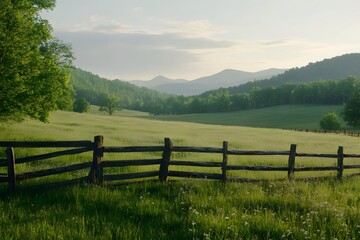 A scenic view of a wooden fence in a grassy field with mountains and trees in the background on a sunny day