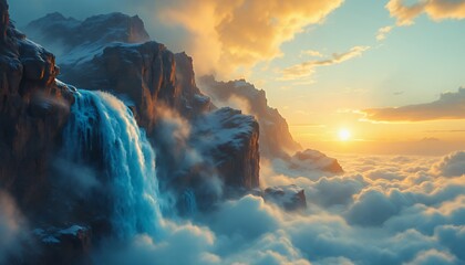 Majestic Waterfall Cascading into Clouds at Sunset