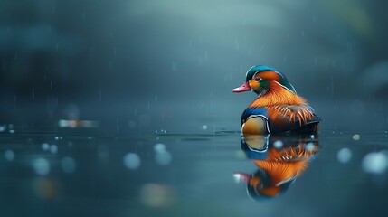 Dazzling mandarin duck swimming in a serene lake its multicolored feathers reflecting in the still water ultra HD wildlife portrait