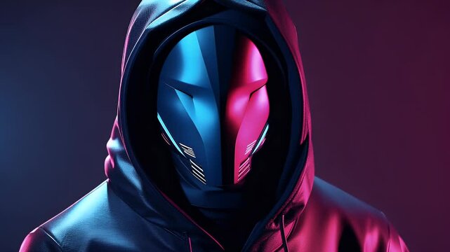 Mysterious Hooded Figure Wearing a Split Blue and Pink Mask