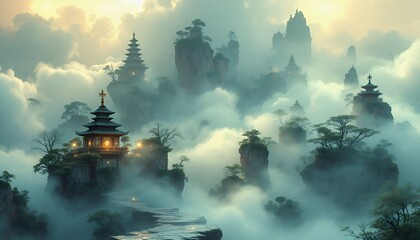 Mystical Mountaintop Temples in a Dreamlike Cloudscape