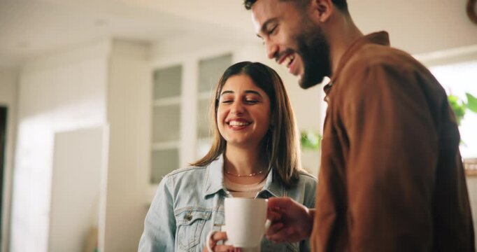 Conversation, coffee and couple in home in morning for bonding, love and connection together. Happy, talking and man with woman drinking cappuccino, laughing and having fun in kitchen at house.