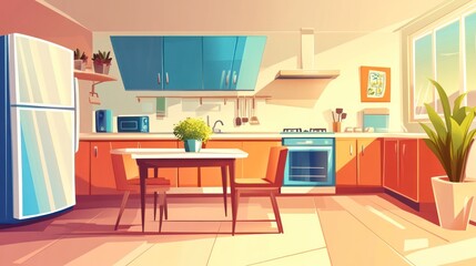 Sunny cartoon kitchen interior illustration with orange cabinets and blue accents