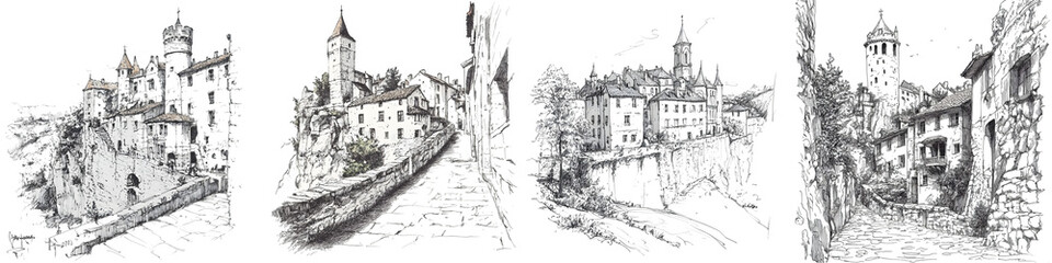 Hand-Drawn Architectural Sketches of Castles and Old Buildings, Detailed Historic Illustrations, Isolated on Transparent Background