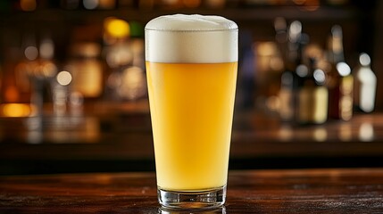 Light-colored beer in a tall glass at a bar.
