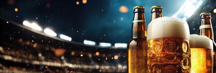 cold beer bottles with bright night stadium scene in background. sport, game and fresh drink. championship football cup. banner with copy space