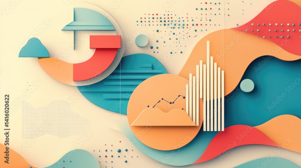 Poster conference-style materials arranged on a background of color gradients and abstract shapes