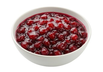 Fresh homemade cranberry sauce recipe in a white bowl isolated on white background