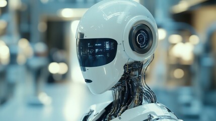 Futuristic humanoid robot with advanced technology in a manufacturing setting