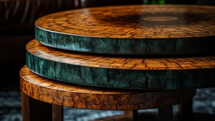 Elegant stacked coffee tables showcasing rich wood textures and vibrant colors, perfect for modern interior decor and stylish living spaces.