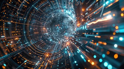 Obraz premium Abstract digital shape and particle technological cyber style design connecting become system shape of electronic designing. High tech scenery express mysterious pattern perfect for wallpaper. AIG53.