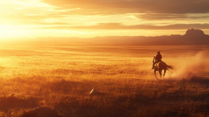 Cowboy rides into sunset