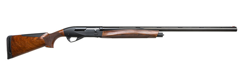 Semi-automatic shotgun with wood stock and black barrel