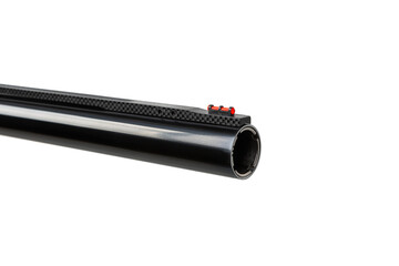 Close-up view of shotgun barrel with red fiber optic front sight on white back