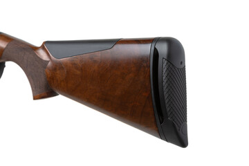 Close-up of shotgun stock with detailed wood grain and rubber recoil pad isolated on white back