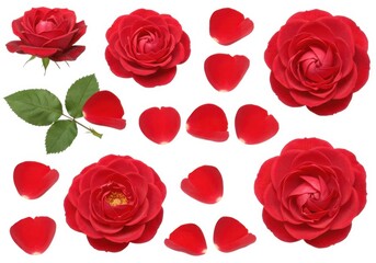 Isolated floral arrangement of crimson roses and petals isolated on white background