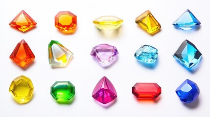 Luxury gemstone collection in different shapes and hues displayed cleanly on white backdrop