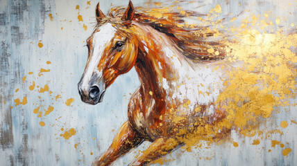 the abstract oil painting is a large stroke oil painting, mural, home decoration. it has gold, horse, wall art, modern artwork, spots, paint strokes, knife painting.