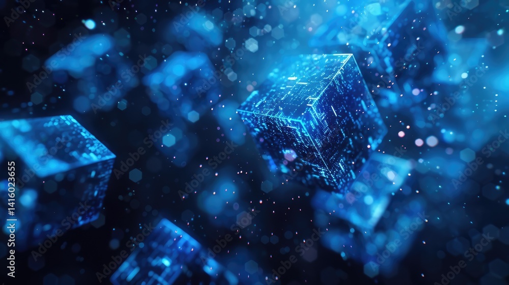 Poster explore a captivating abstract technology background featuring three-dimensional cubes in a dimly li