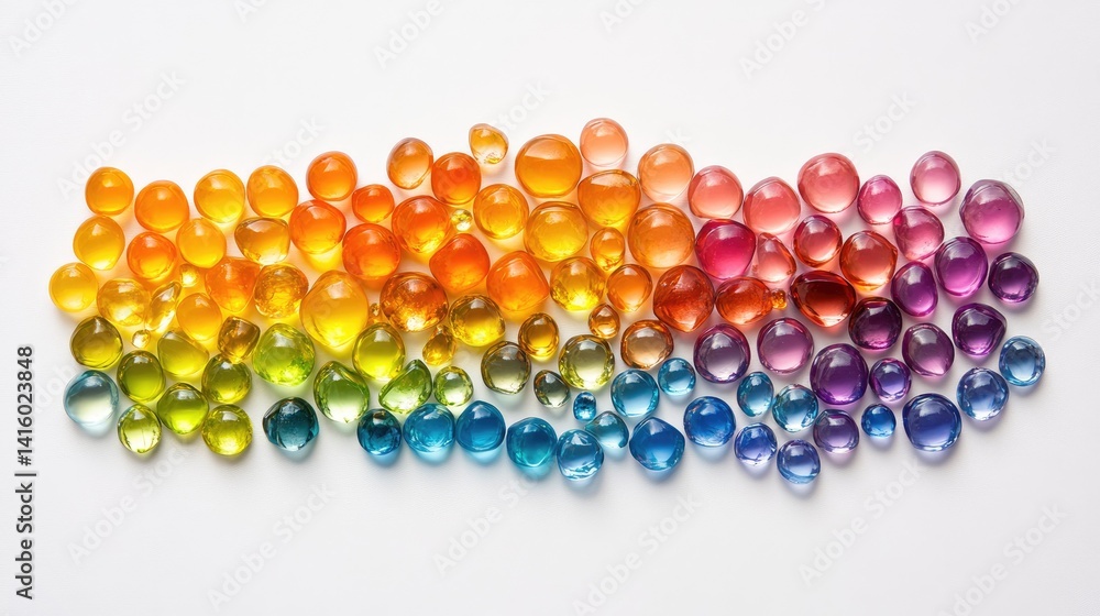Poster mixed gemstones arranged in gradient color sequence on a pristine white background