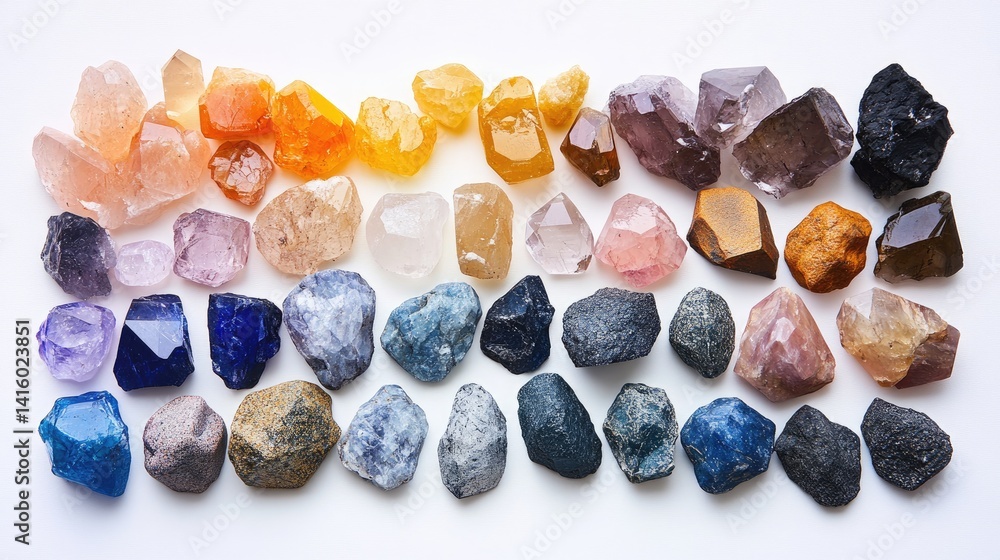 Poster mixed gemstones arranged in gradient color sequence on a pristine white background