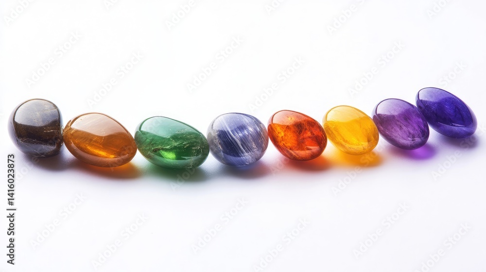 Poster mixed gemstones arranged in gradient color sequence on a pristine white background