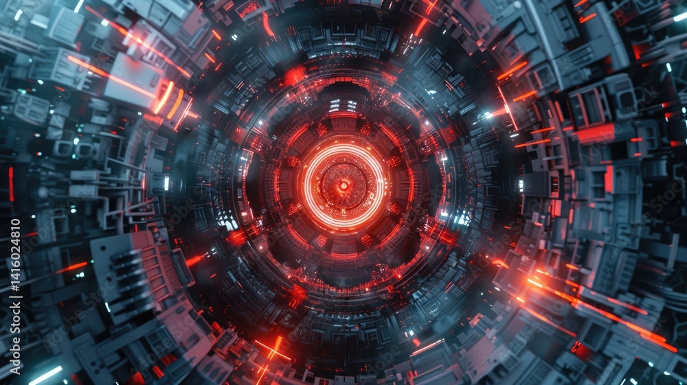 Poster abstract picture of mysterious geometric shape portal with digital style neon light glowing to leadi