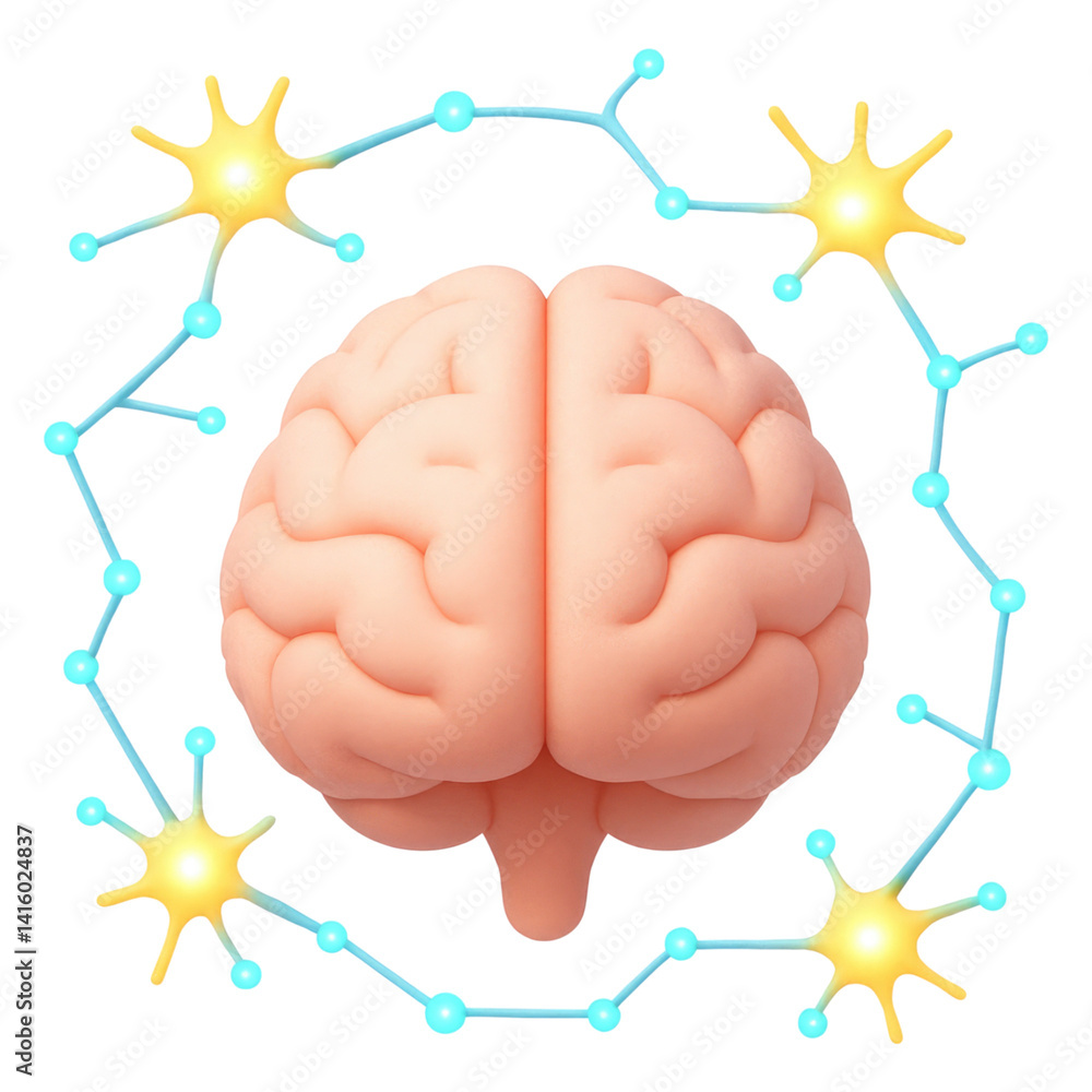 Poster human brain 3d model with neuron connections neural network cognitive function illustration, isolate