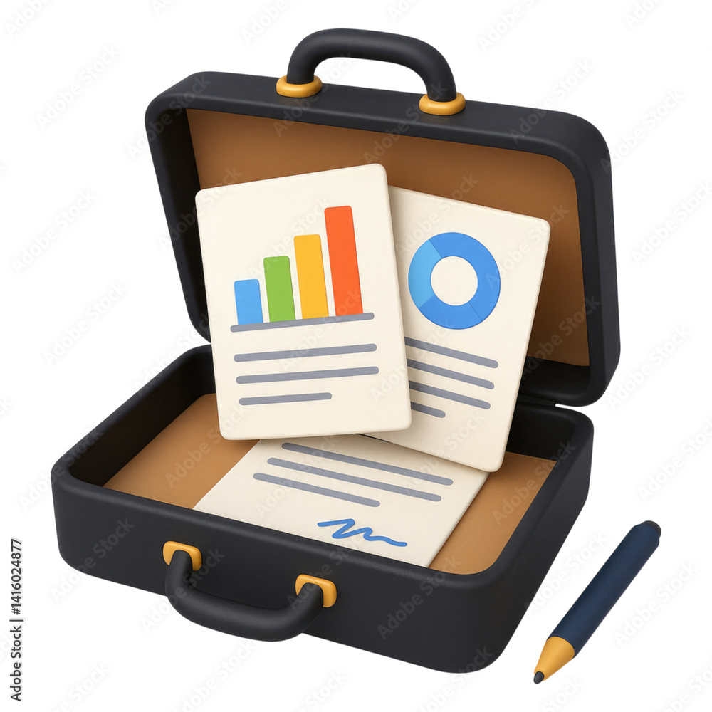 Poster business documents charts in briefcase financial report contract data analysis, isolated on transpar