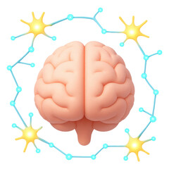 Human Brain 3D Model with Neuron Connections Neural Network Cognitive Function Illustration, isolated on transparent background