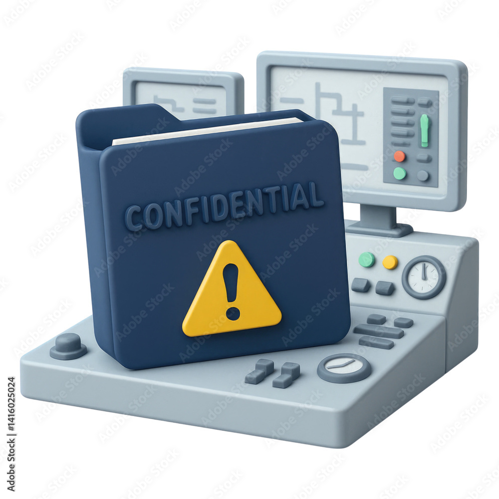 Poster confidential data security 3d of a secure folder on a control panel with warning sign, isolated on t