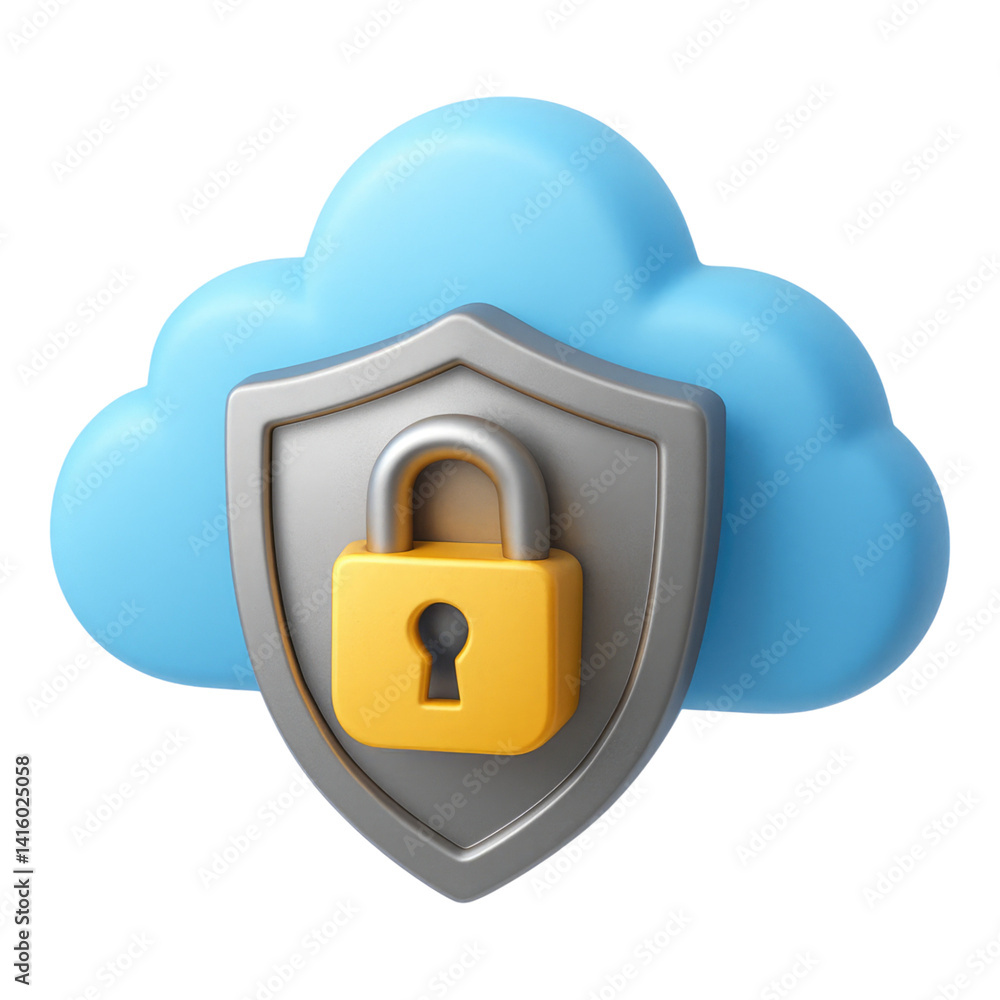 Poster secure cloud data protection 3d with shield padlock icon representing secure online storage, isolate