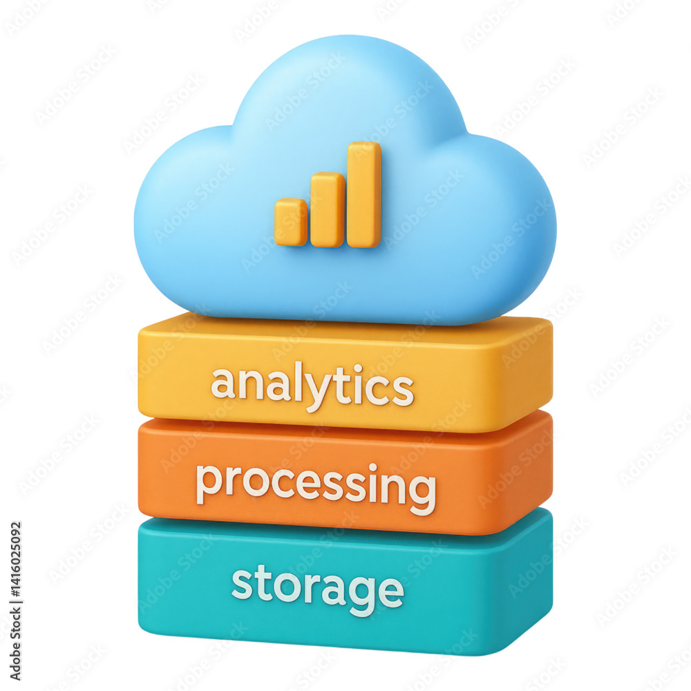 Poster cloud computing data analytics processing storage a 3d illustration of cloud based data management, 