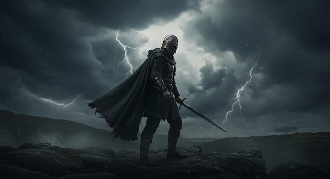 A cinematic shot of a warrior wearing a weathered iron helmet, standing alone on a rocky outcrop as a storm rages around them. The wind whips at their cloak