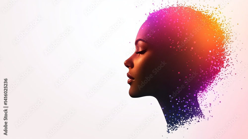 Poster woman's face is seen in profile with digital particle effects and a vibrant color gradient on a ligh