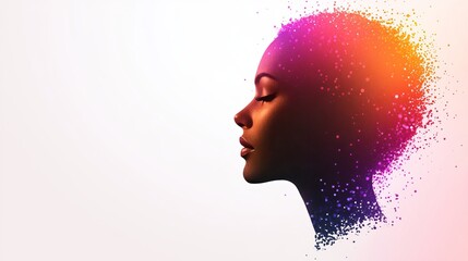 Woman's face is seen in profile with digital particle effects and a vibrant color gradient on a light background.